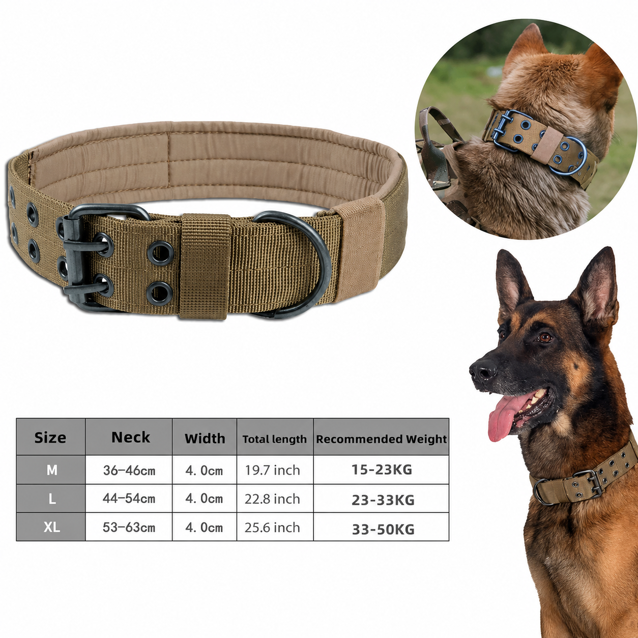 Collar Táctico Militar para Perros Grandes — Nylon Resistente con Hebilla Metal