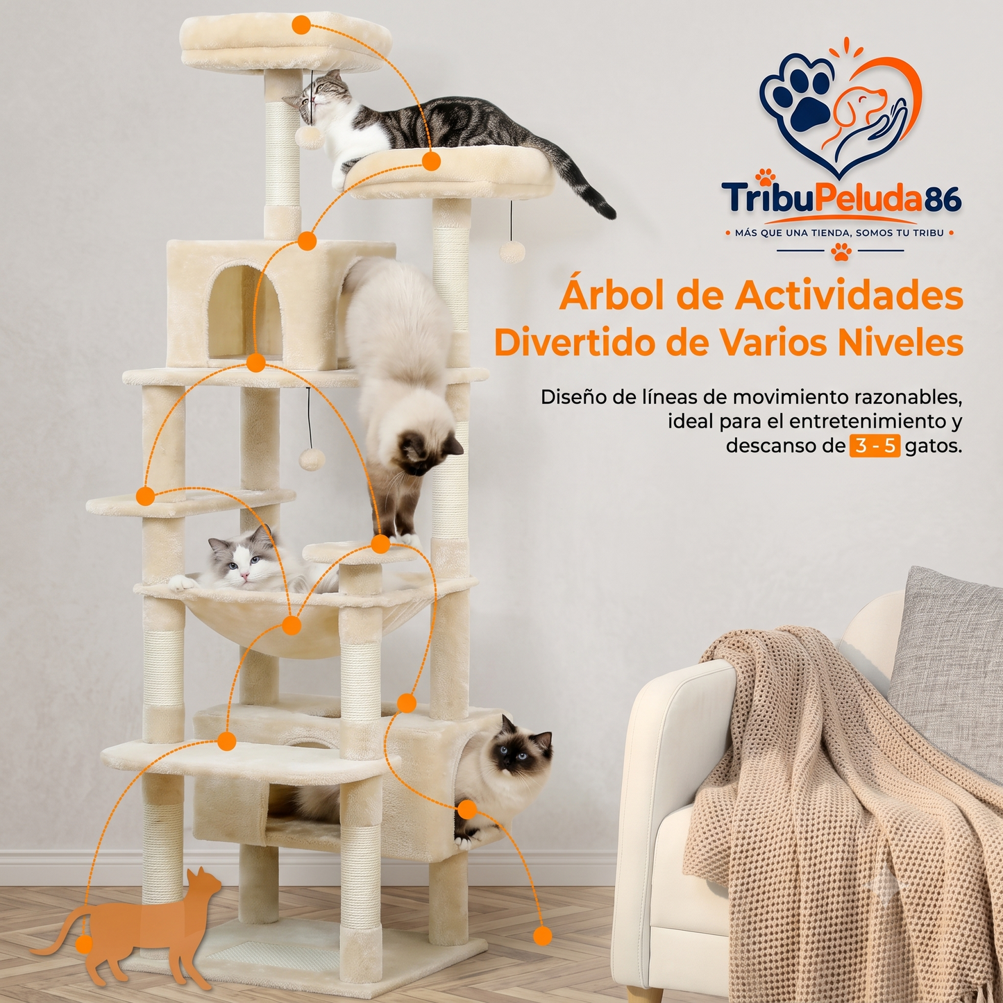 Árbol Rascador para Gatos con Hamaca y Plataformas — Torre Sisal Natural para Interior