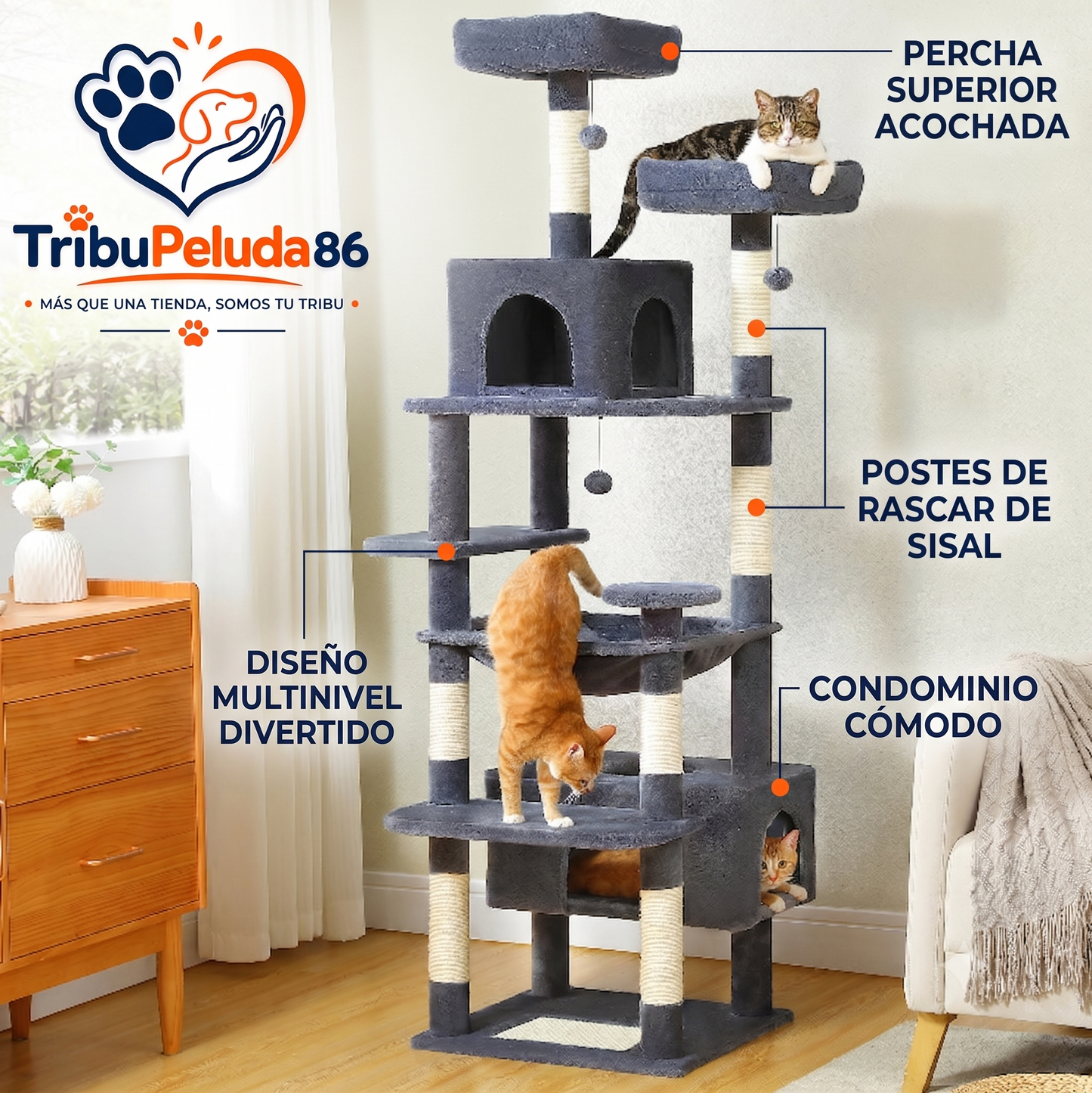 Árbol Rascador para Gatos con Hamaca y Plataformas — Torre Sisal Natural para Interior