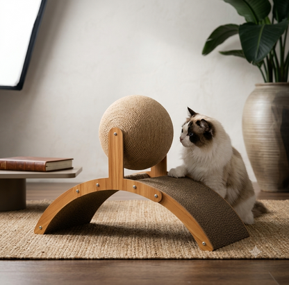 Bola Rascadora de Sisal 2 en 1 con Base de Madera — Rascador y Limador de Uñas para Gatos