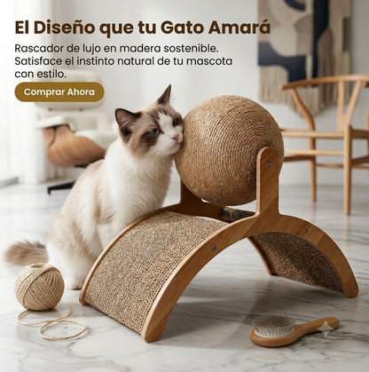 Bola Rascadora de Sisal 2 en 1 con Base de Madera — Rascador y Limador de Uñas para Gatos
