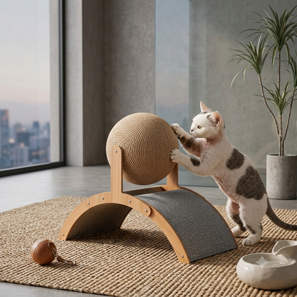 Bola Rascadora de Sisal 2 en 1 con Base de Madera — Rascador y Limador de Uñas para Gatos