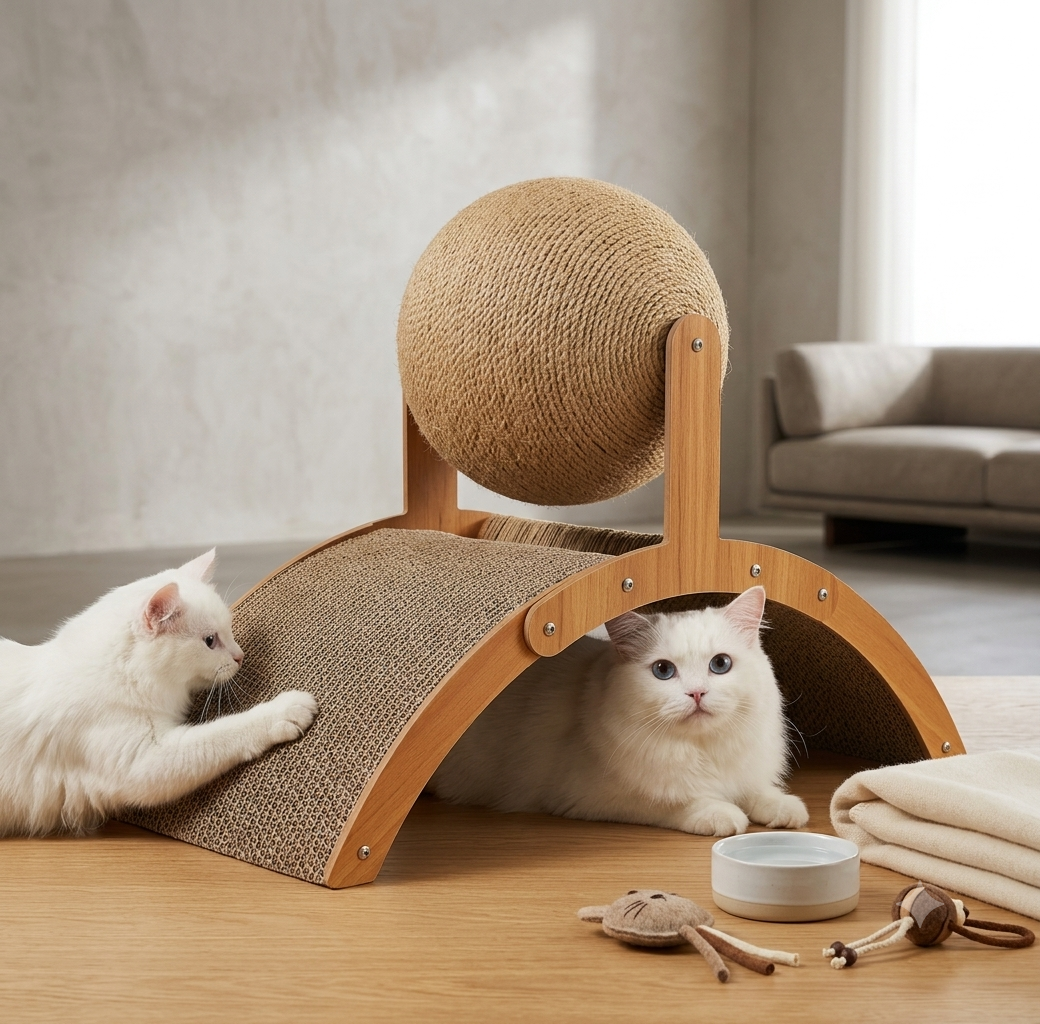 Bola Rascadora de Sisal 2 en 1 con Base de Madera — Rascador y Limador de Uñas para Gatos