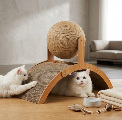 Bola Rascadora de Sisal 2 en 1 con Base de Madera — Rascador y Limador de Uñas para Gatos