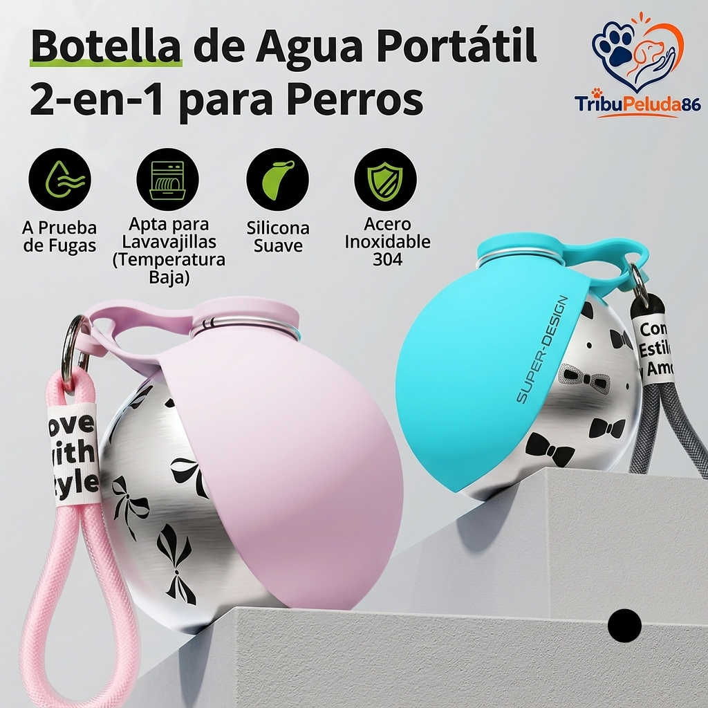 Botella de Agua Portátil 2 en 1 para Perros – Bebedero Plegable de Acero Inoxidable para Paseos y Viajes
