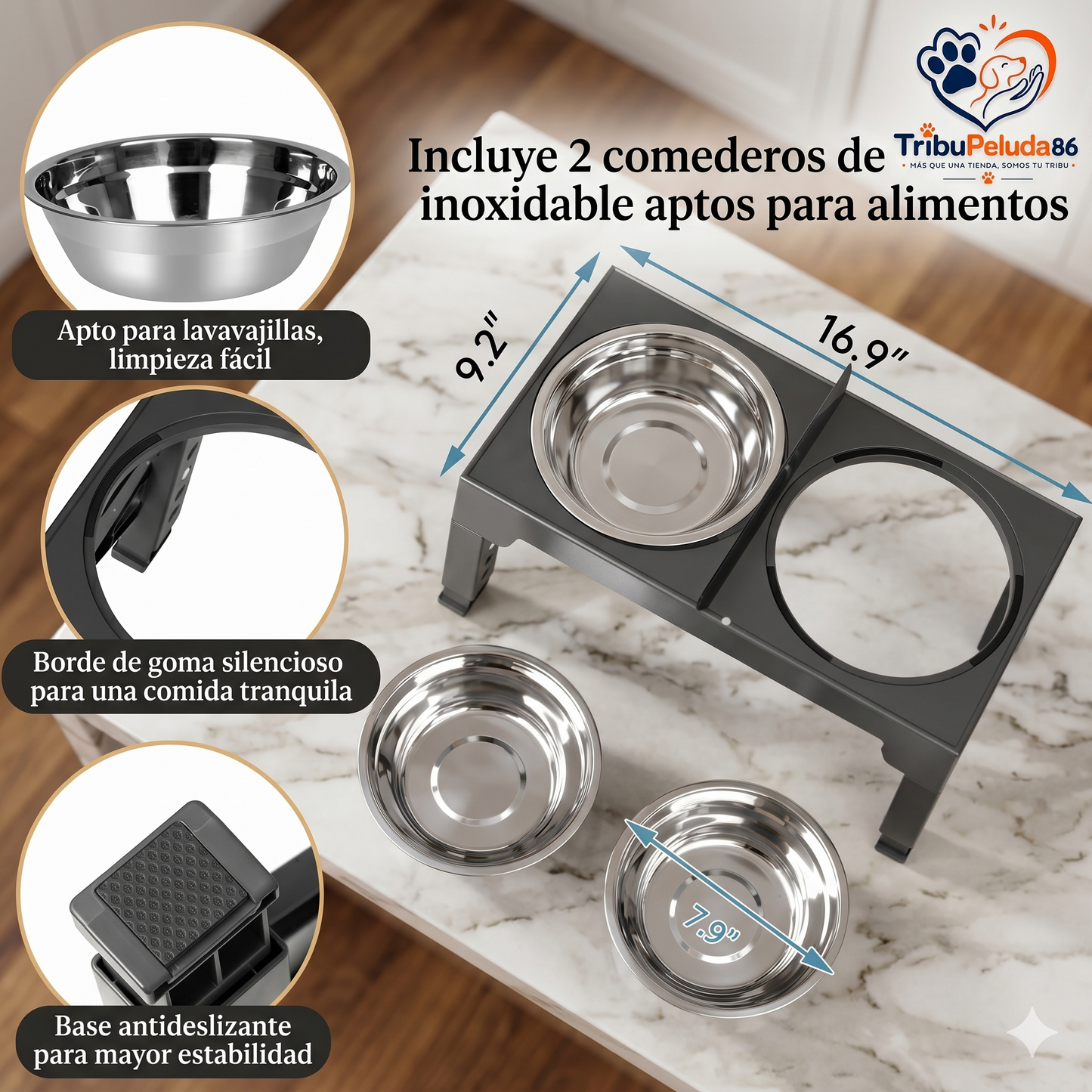 Comedero Elevado Ajustable para Perros - Acero Inoxidable