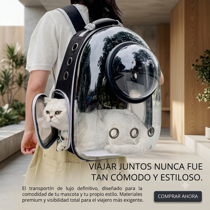 Mochila Espacial Transparente para Gatos y Perros Pequeños — Transportín Cápsula Transpirable de Viaje