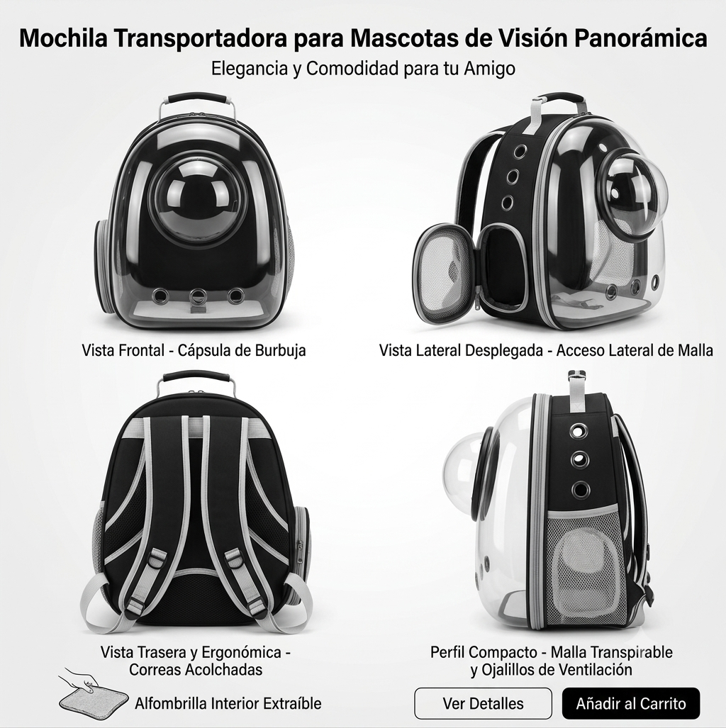 Mochila Espacial Transparente para Gatos y Perros Pequeños — Transportín Cápsula Transpirable de Viaje
