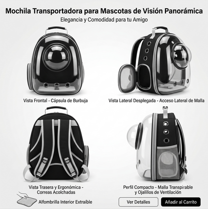 Mochila Espacial Transparente para Gatos y Perros Pequeños — Transportín Cápsula Transpirable de Viaje