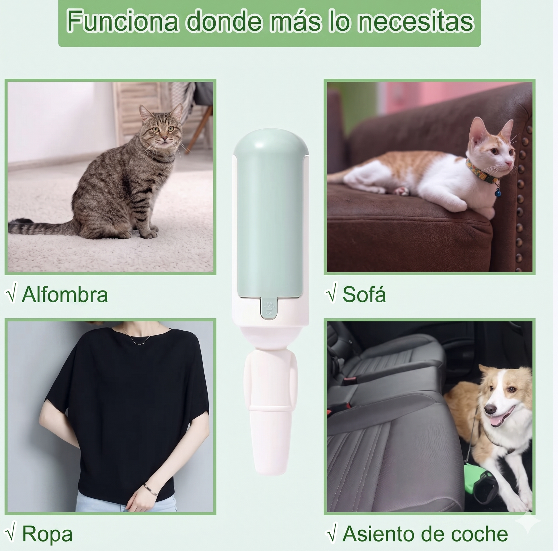 Quitapelos pasando por tejido — recoge pelo en segundos sin rollos adhesivos
