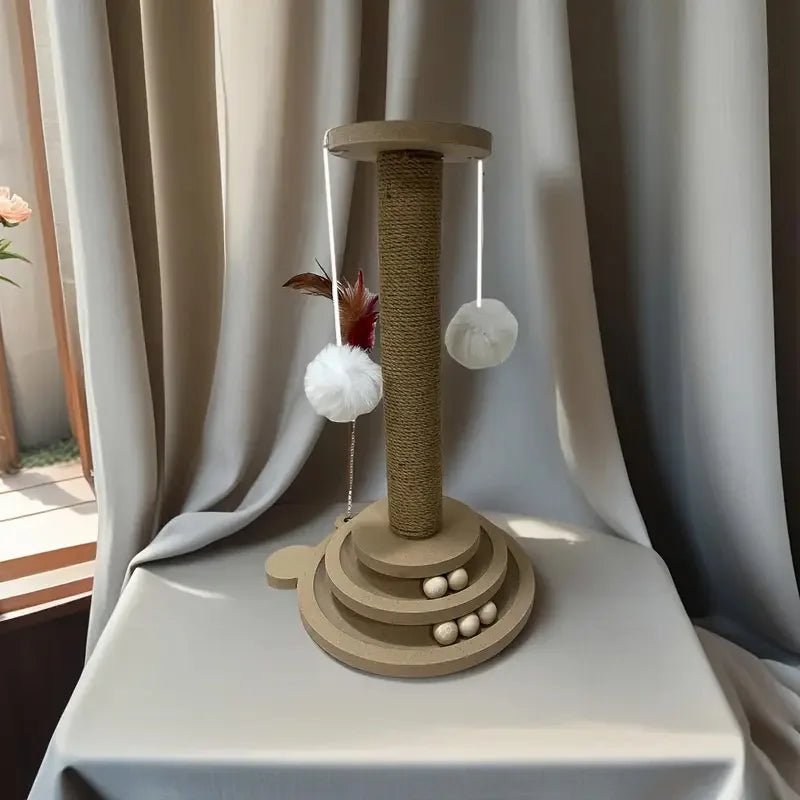 Poste Rascador de Sisal con Bolas Giratorias y Pluma — Juguete Interactivo 3 en 1 para Gatos