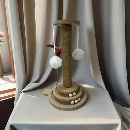 Poste Rascador de Sisal con Bolas Giratorias y Pluma — Juguete Interactivo 3 en 1 para Gatos
