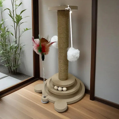 Poste Rascador de Sisal con Bolas Giratorias y Pluma — Juguete Interactivo 3 en 1 para Gatos