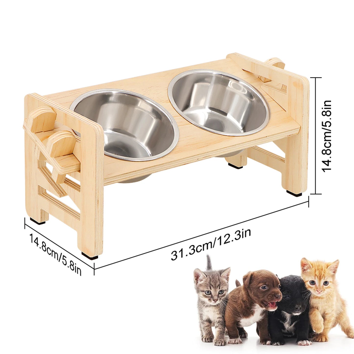 Comedero Elevado para Perros y Gatos con Soporte de Madera, Cuencos de Acero Inoxidable, Base Antideslizante y Ángulo Inclinado