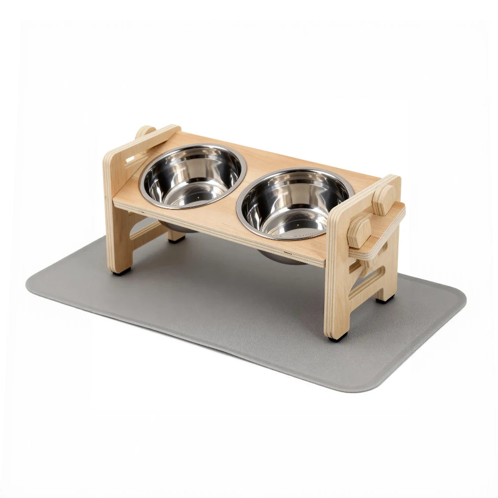 Comedero Elevado para Perros y Gatos con Soporte de Madera, Cuencos de Acero Inoxidable, Base Antideslizante y Ángulo Inclinado