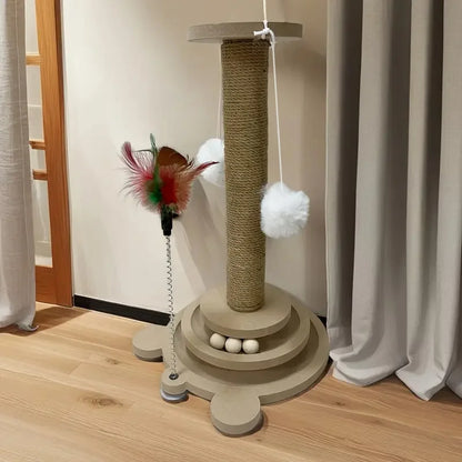 Poste Rascador de Sisal con Bolas Giratorias y Pluma — Juguete Interactivo 3 en 1 para Gatos