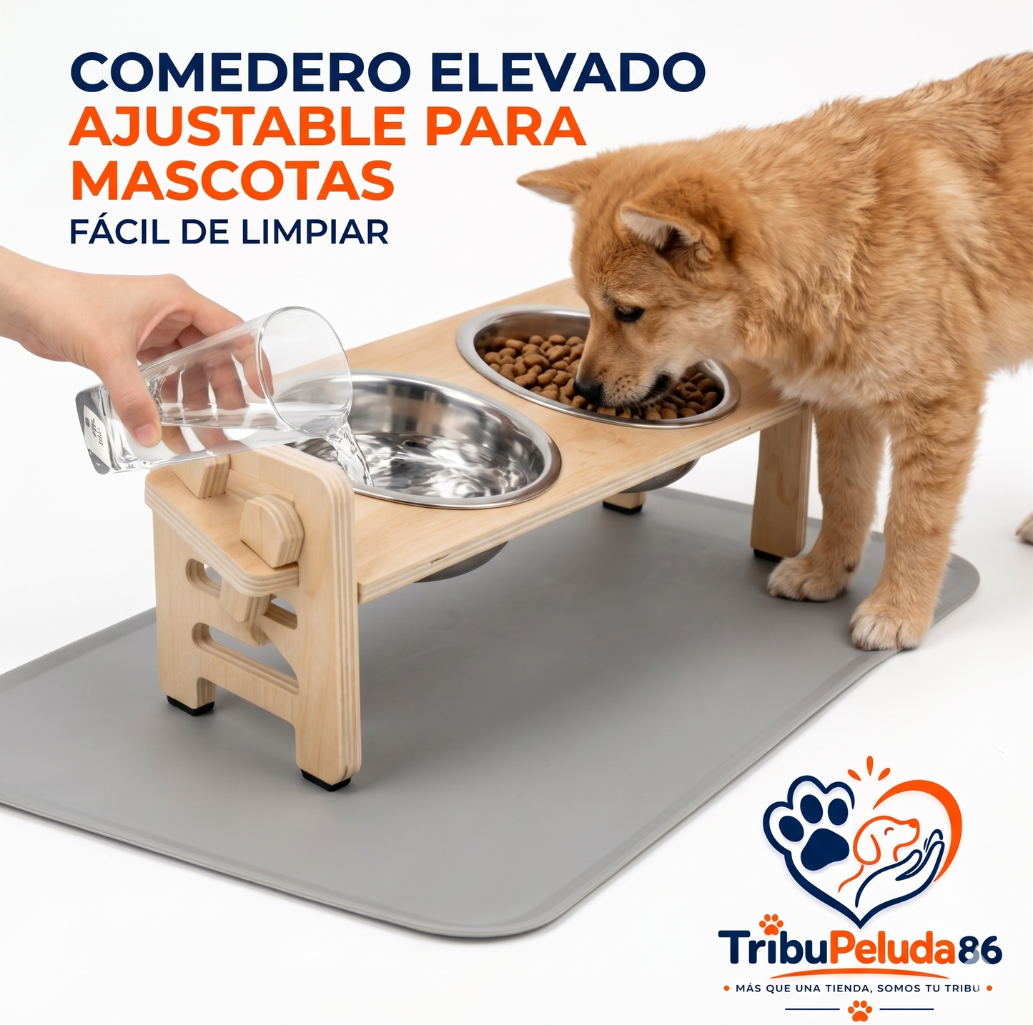 Comedero Elevado para Perros y Gatos con Soporte de Madera, Cuencos de Acero Inoxidable, Base Antideslizante y Ángulo Inclinado