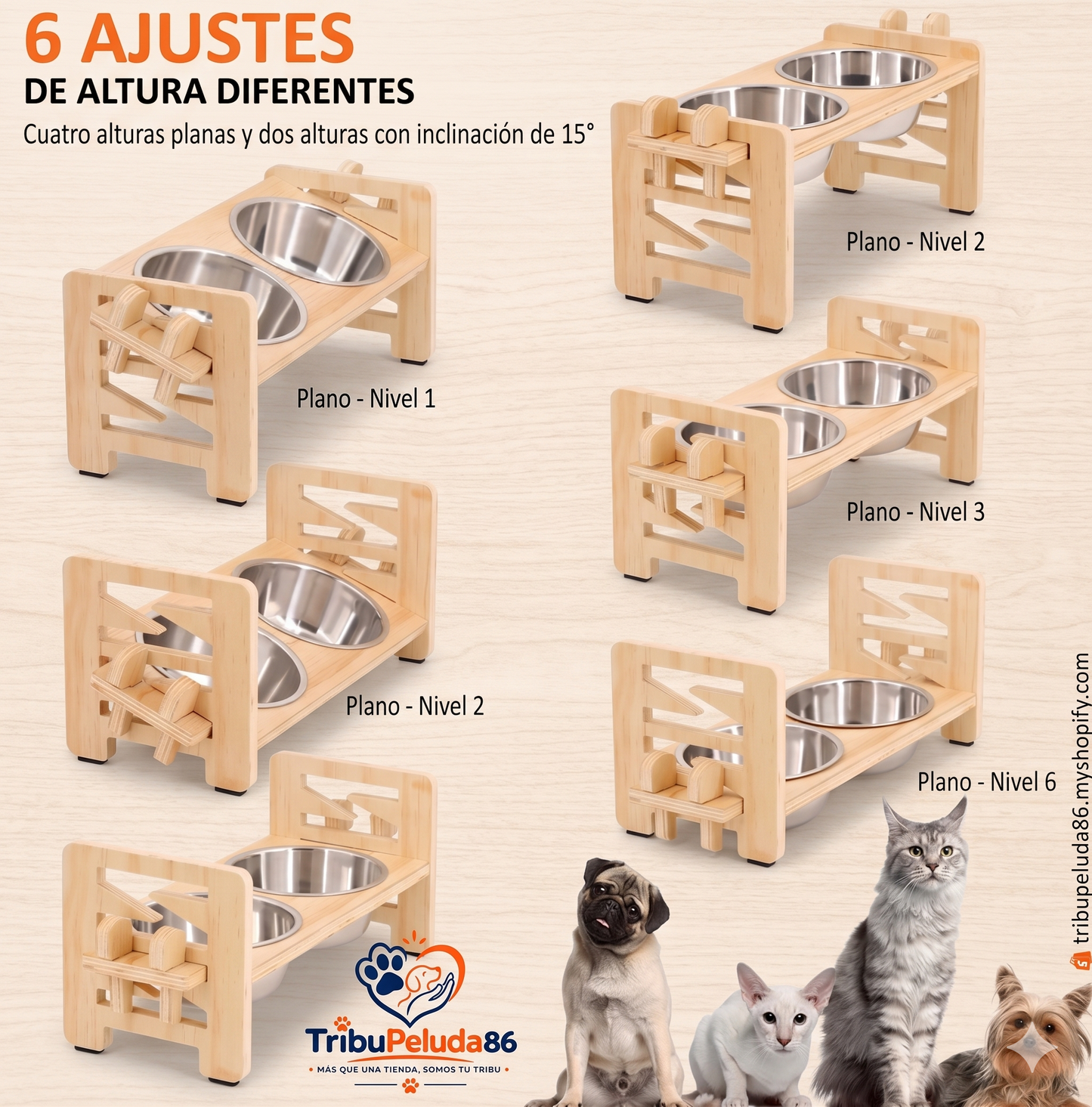 Comedero Elevado para Perros y Gatos con Soporte de Madera, Cuencos de Acero Inoxidable, Base Antideslizante y Ángulo Inclinado