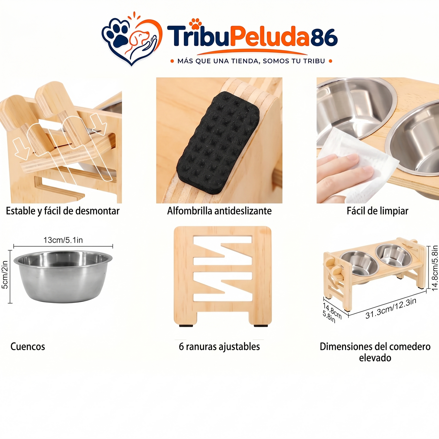 Comedero Elevado para Perros y Gatos con Soporte de Madera, Cuencos de Acero Inoxidable, Base Antideslizante y Ángulo Inclinado