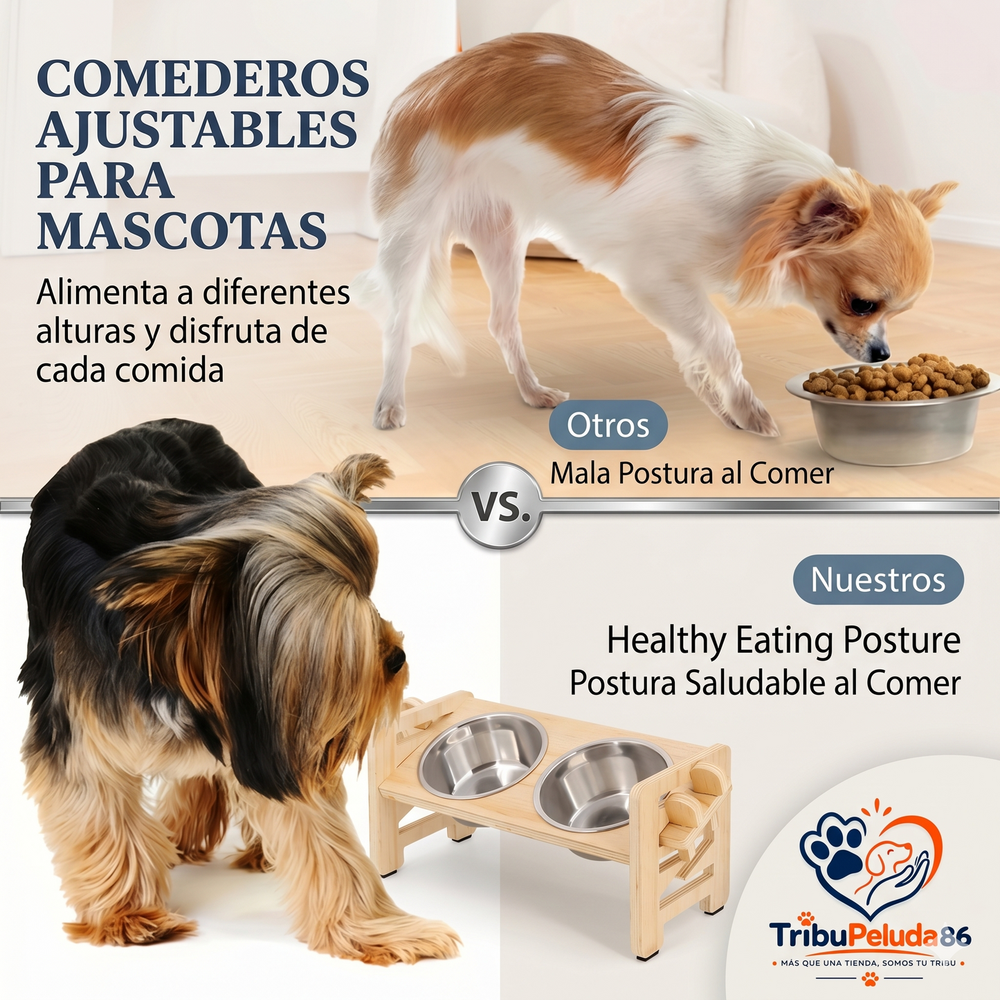 Comedero Elevado para Perros y Gatos con Soporte de Madera, Cuencos de Acero Inoxidable, Base Antideslizante y Ángulo Inclinado