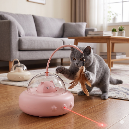 Juguete Interactivo para Gatos OVNI con Plumas y Luz LED — Estimulación Mental y Física