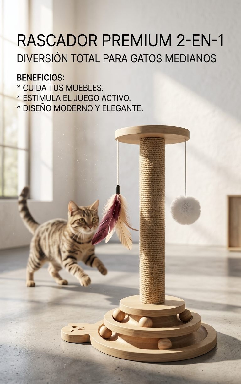 Poste Rascador de Sisal con Bolas Giratorias y Pluma — Juguete Interactivo 3 en 1 para Gatos