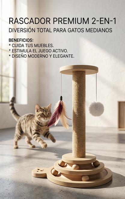 Poste Rascador de Sisal con Bolas Giratorias y Pluma — Juguete Interactivo 3 en 1 para Gatos