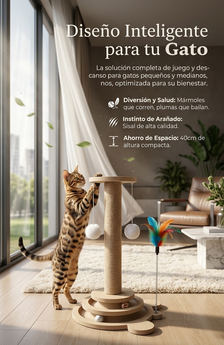 Poste Rascador de Sisal con Bolas Giratorias y Pluma — Juguete Interactivo 3 en 1 para Gatos